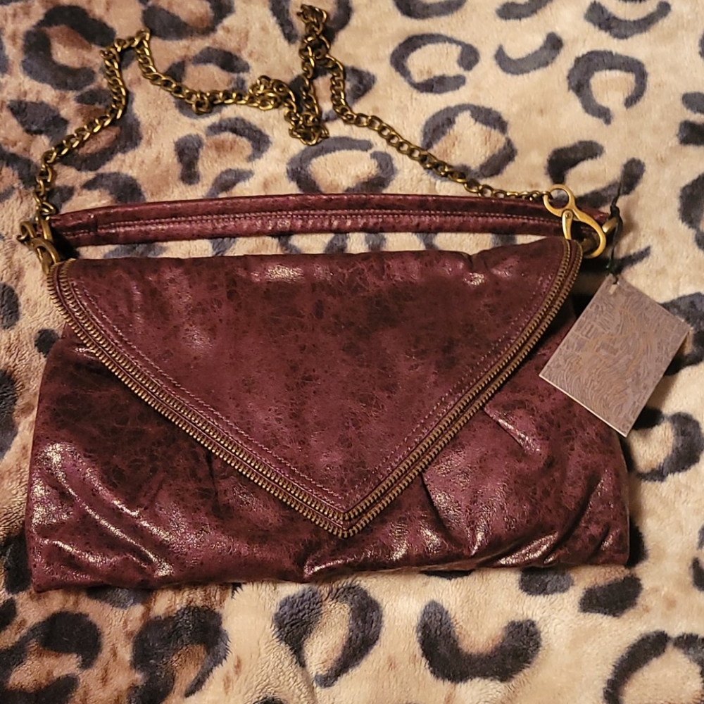 Matt & Nat Plum Metallic Envelope Clutch with Gold Chain